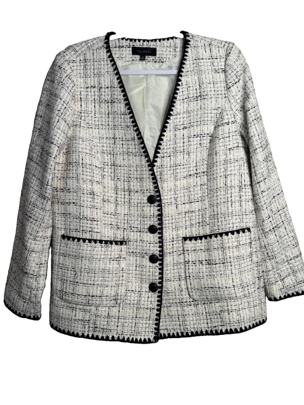 Talbots TIPPED TWEED BLAZER White Black Size 12